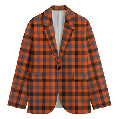 Orange Black And Grey Plaid Print Men's Cotton Blazer