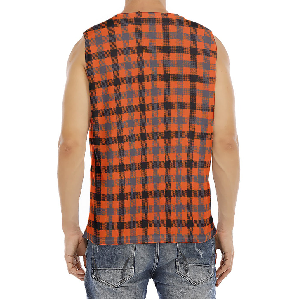 Orange Black And Grey Plaid Print Men's Fitness Tank Top