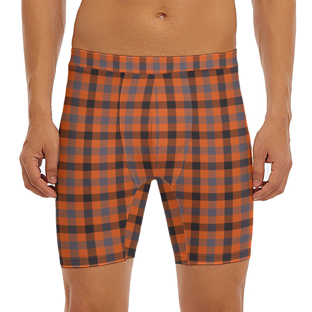 Orange Black And Grey Plaid Print Men's Long Boxer Briefs