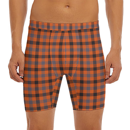Orange Black And Grey Plaid Print Men's Long Boxer Briefs