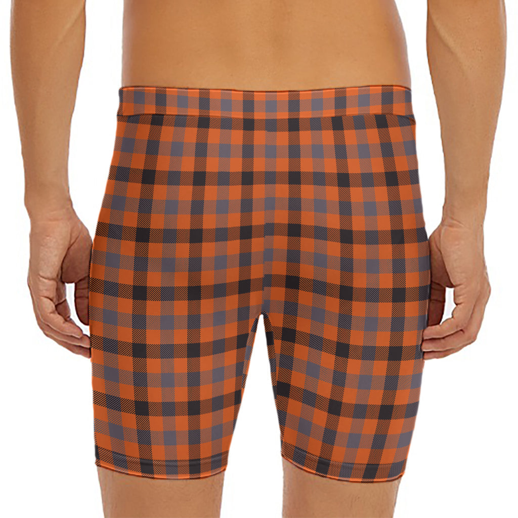 Orange Black And Grey Plaid Print Men's Long Boxer Briefs