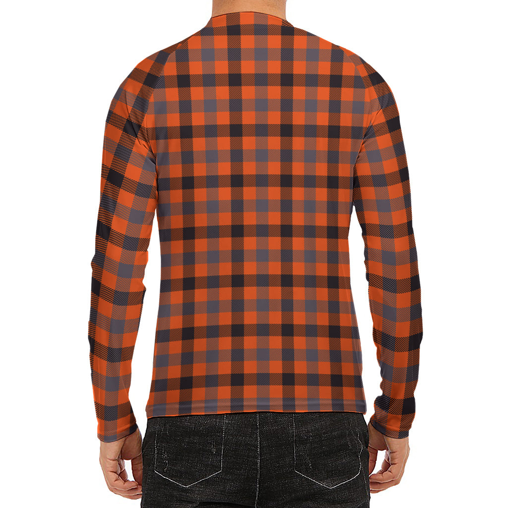 Orange Black And Grey Plaid Print Men's Long Sleeve Rash Guard