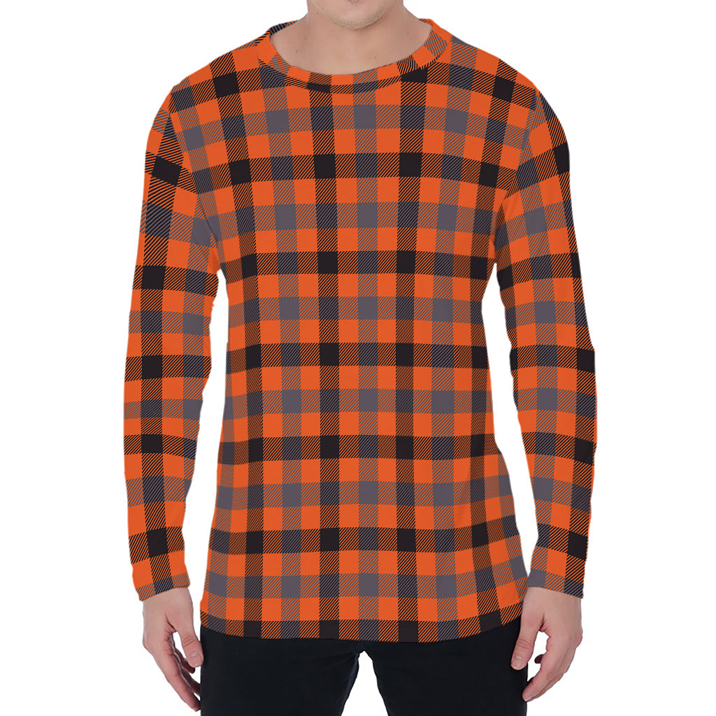 Orange Black And Grey Plaid Print Men's Long Sleeve T-Shirt