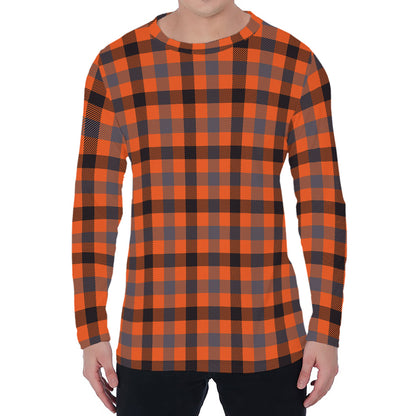 Orange Black And Grey Plaid Print Men's Long Sleeve T-Shirt