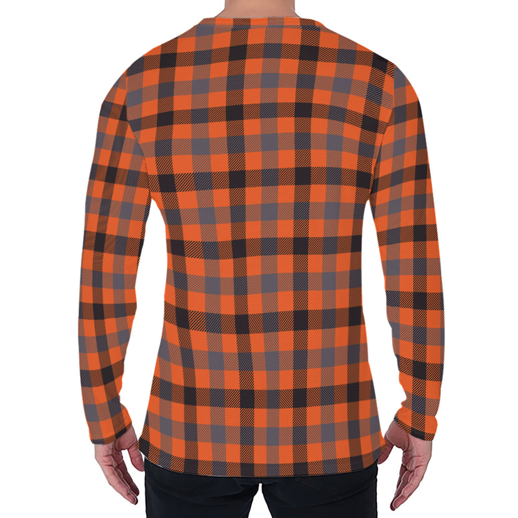 Orange Black And Grey Plaid Print Men's Long Sleeve T-Shirt
