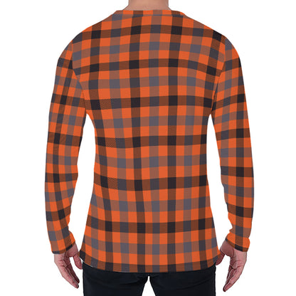 Orange Black And Grey Plaid Print Men's Long Sleeve T-Shirt