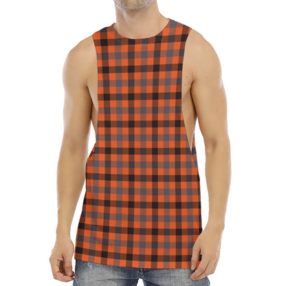 Orange Black And Grey Plaid Print Men's Muscle Tank Top