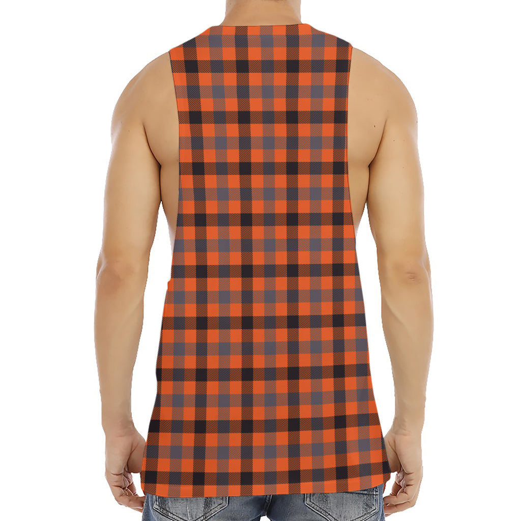 Orange Black And Grey Plaid Print Men's Muscle Tank Top