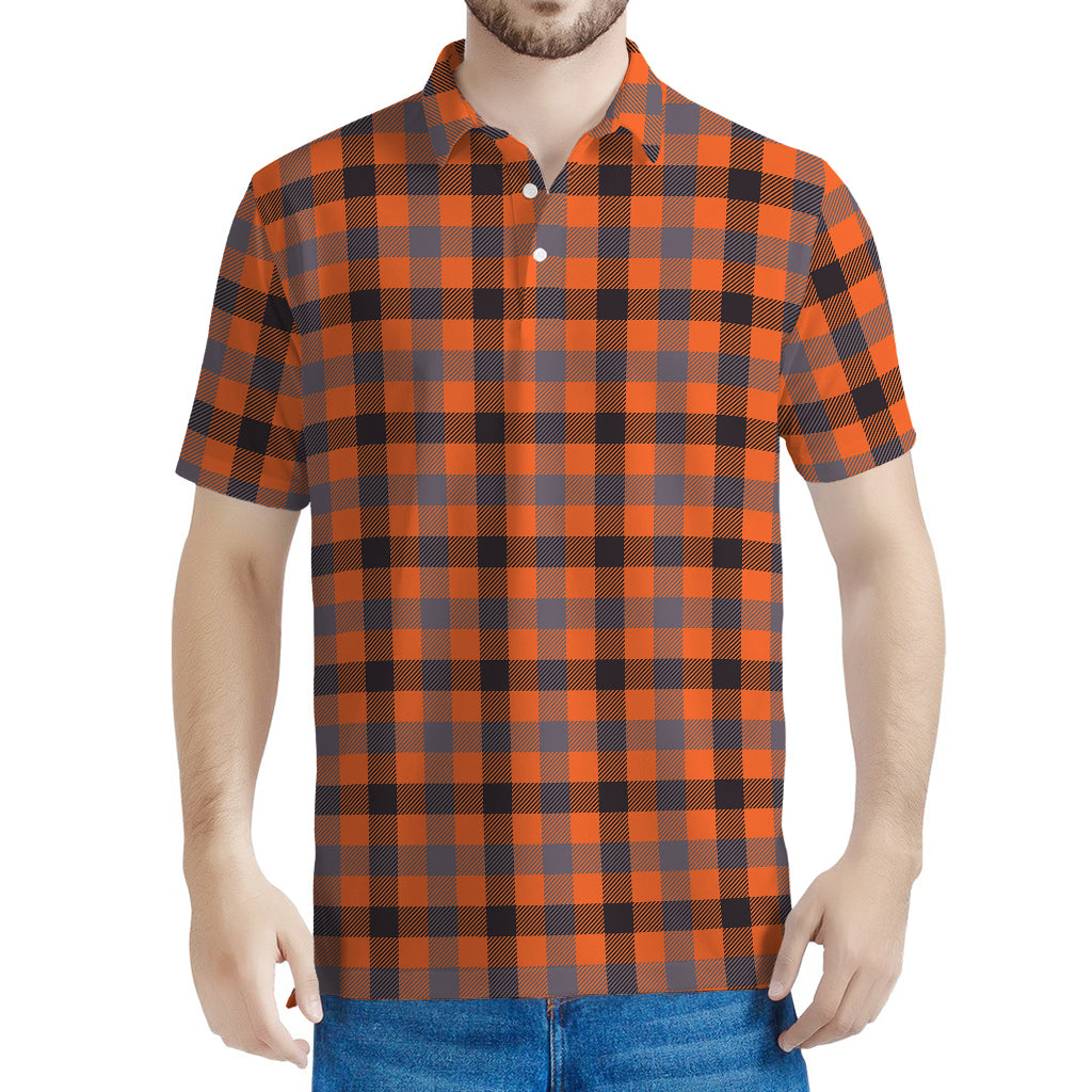 Orange Black And Grey Plaid Print Men's Polo Shirt