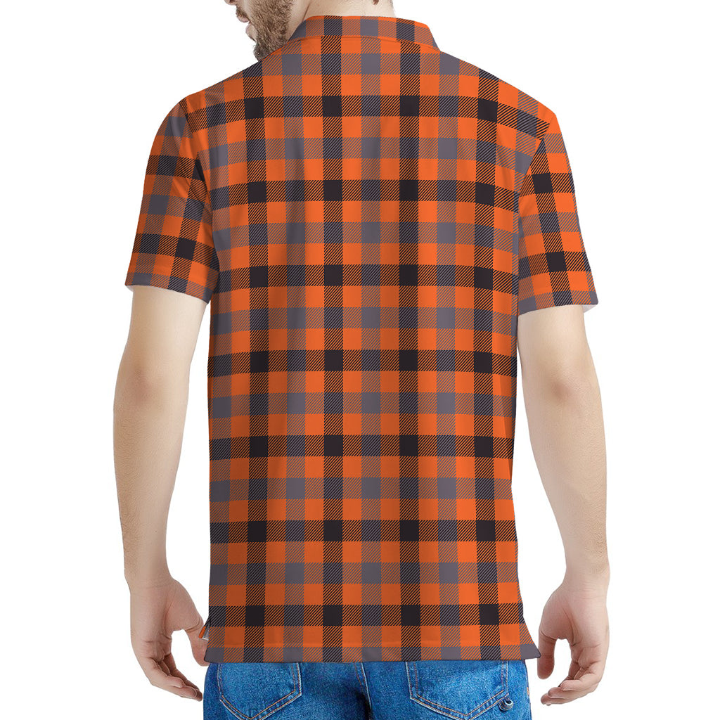 Orange Black And Grey Plaid Print Men's Polo Shirt