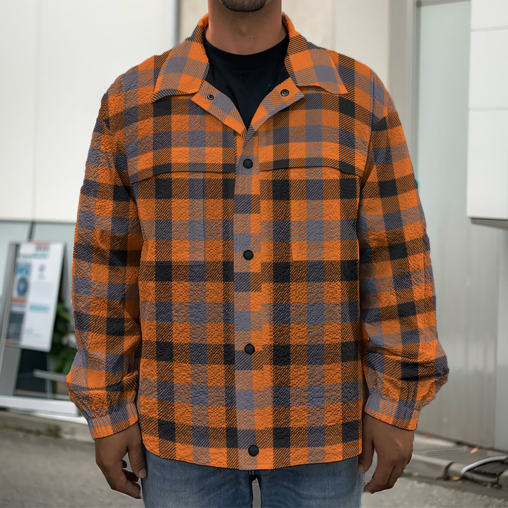 Orange Black And Grey Plaid Print Men's Shirt Jacket