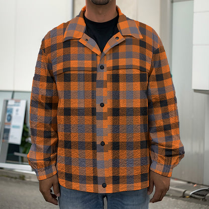 Orange Black And Grey Plaid Print Men's Shirt Jacket