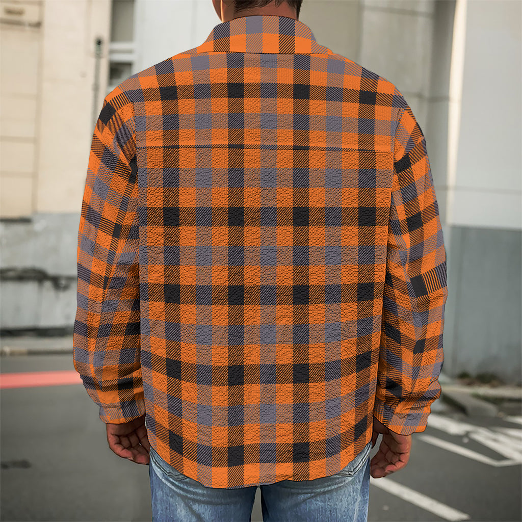 Orange Black And Grey Plaid Print Men's Shirt Jacket
