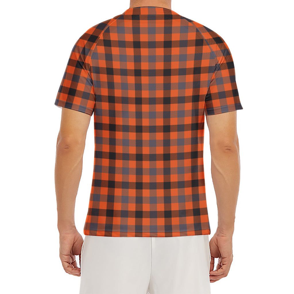 Orange Black And Grey Plaid Print Men's Short Sleeve Rash Guard