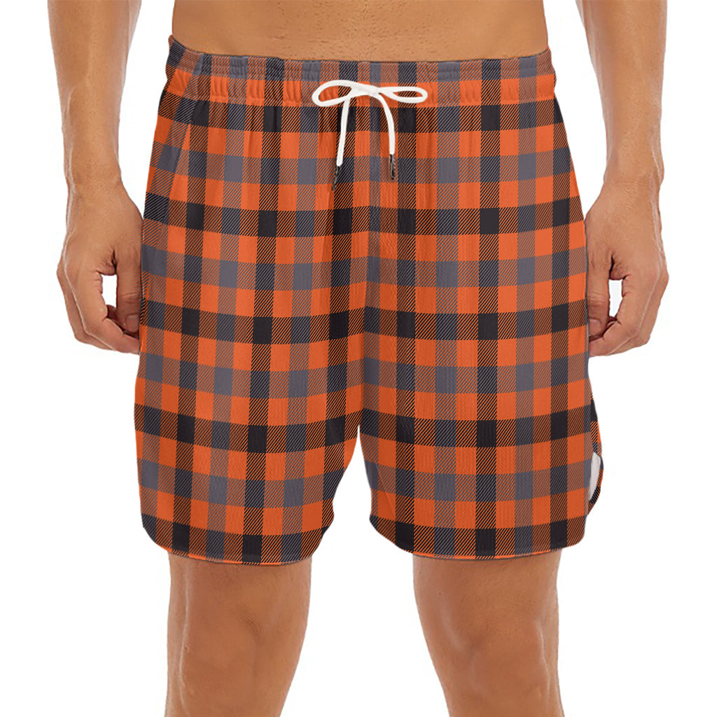 Orange Black And Grey Plaid Print Men's Split Running Shorts