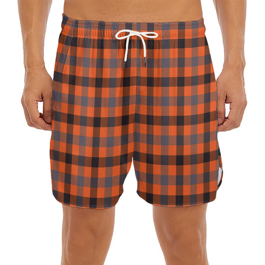 Orange Black And Grey Plaid Print Men's Split Running Shorts