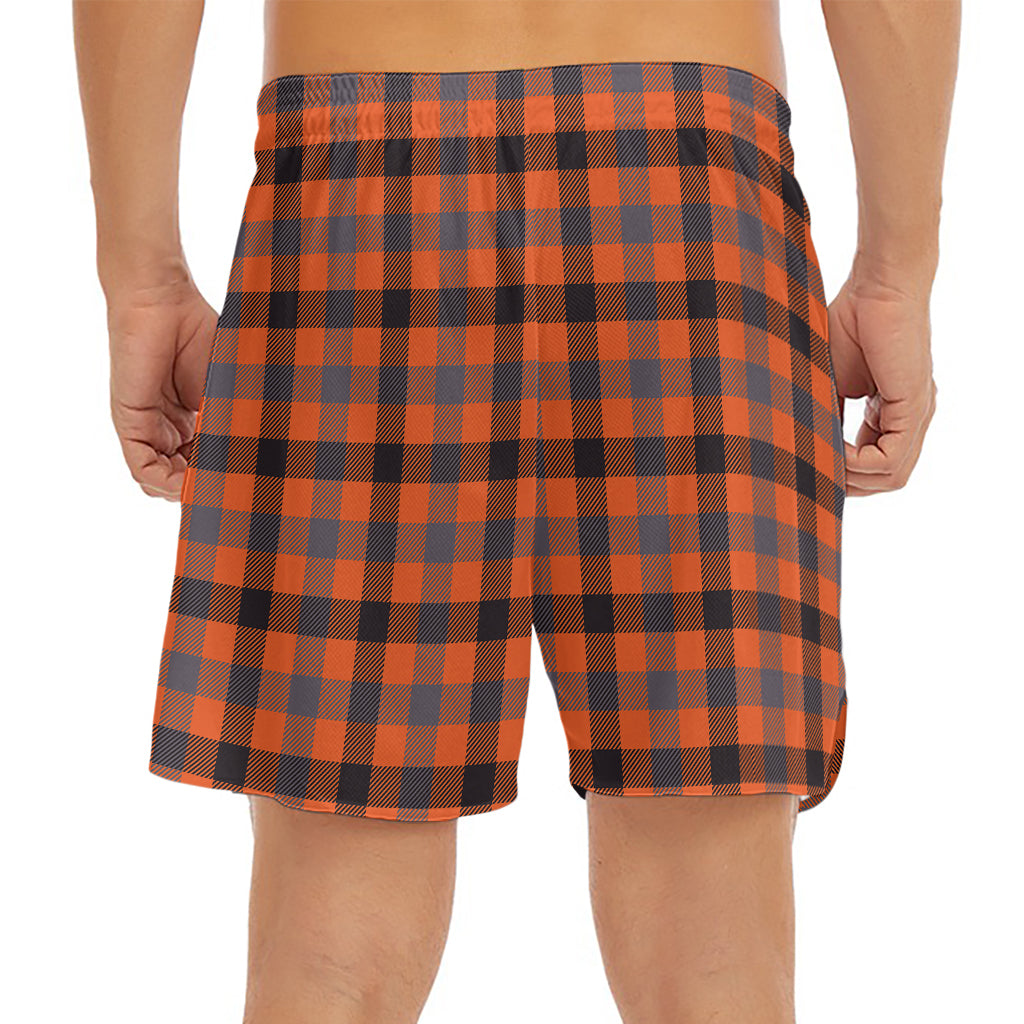 Orange Black And Grey Plaid Print Men's Split Running Shorts
