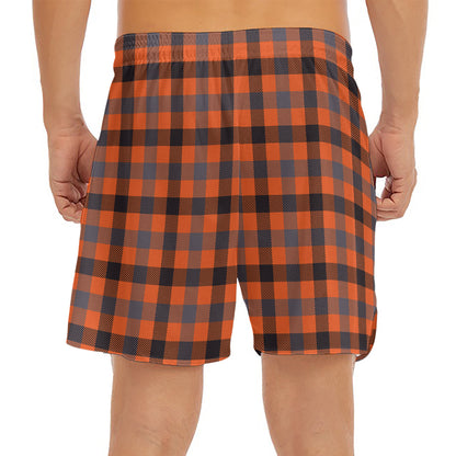 Orange Black And Grey Plaid Print Men's Split Running Shorts