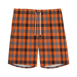 Orange Black And Grey Plaid Print Men's Sports Shorts