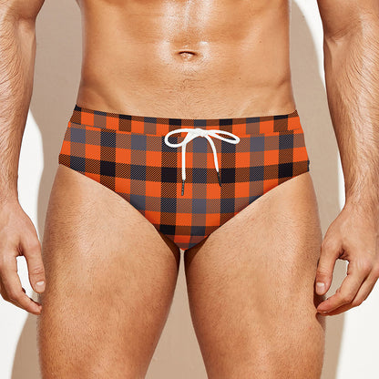 Orange Black And Grey Plaid Print Men's Swim Briefs