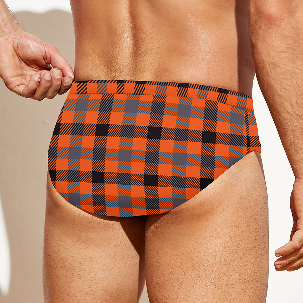 Orange Black And Grey Plaid Print Men's Swim Briefs
