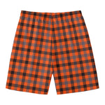 Orange Black And Grey Plaid Print Men's Swim Trunks