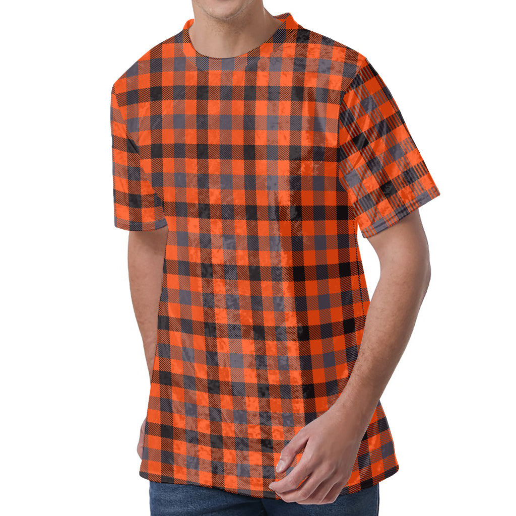 Orange Black And Grey Plaid Print Men's Velvet T-Shirt