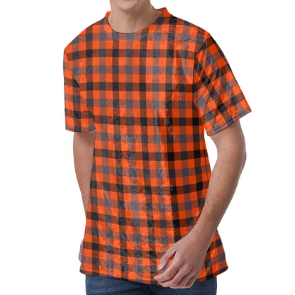 Orange Black And Grey Plaid Print Men's Velvet T-Shirt