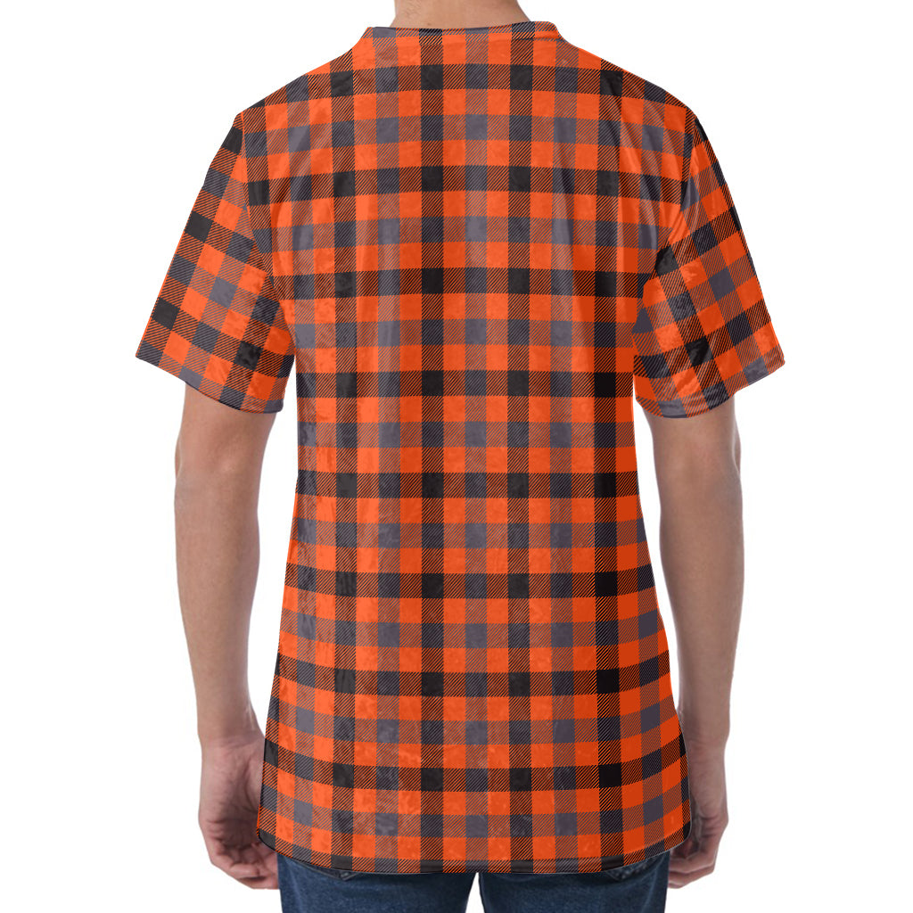 Orange Black And Grey Plaid Print Men's Velvet T-Shirt