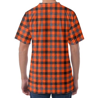 Orange Black And Grey Plaid Print Men's Velvet T-Shirt