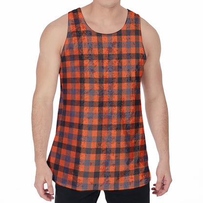 Orange Black And Grey Plaid Print Men's Velvet Tank Top