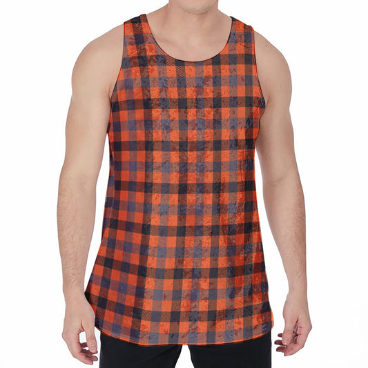 Orange Black And Grey Plaid Print Men's Velvet Tank Top
