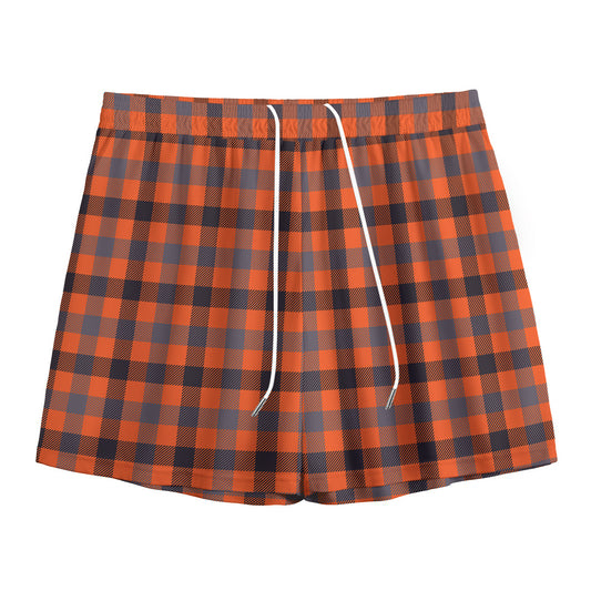 Orange Black And Grey Plaid Print Mesh Shorts