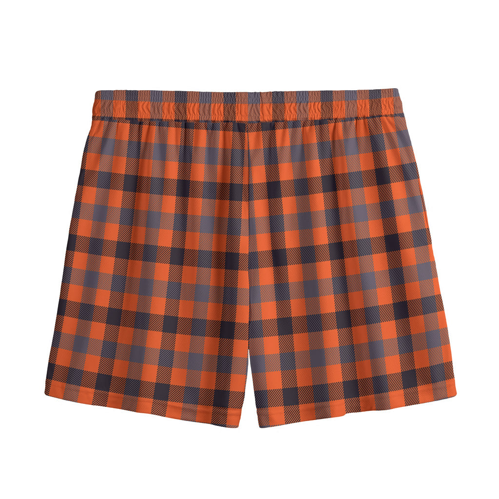 Orange Black And Grey Plaid Print Mesh Shorts