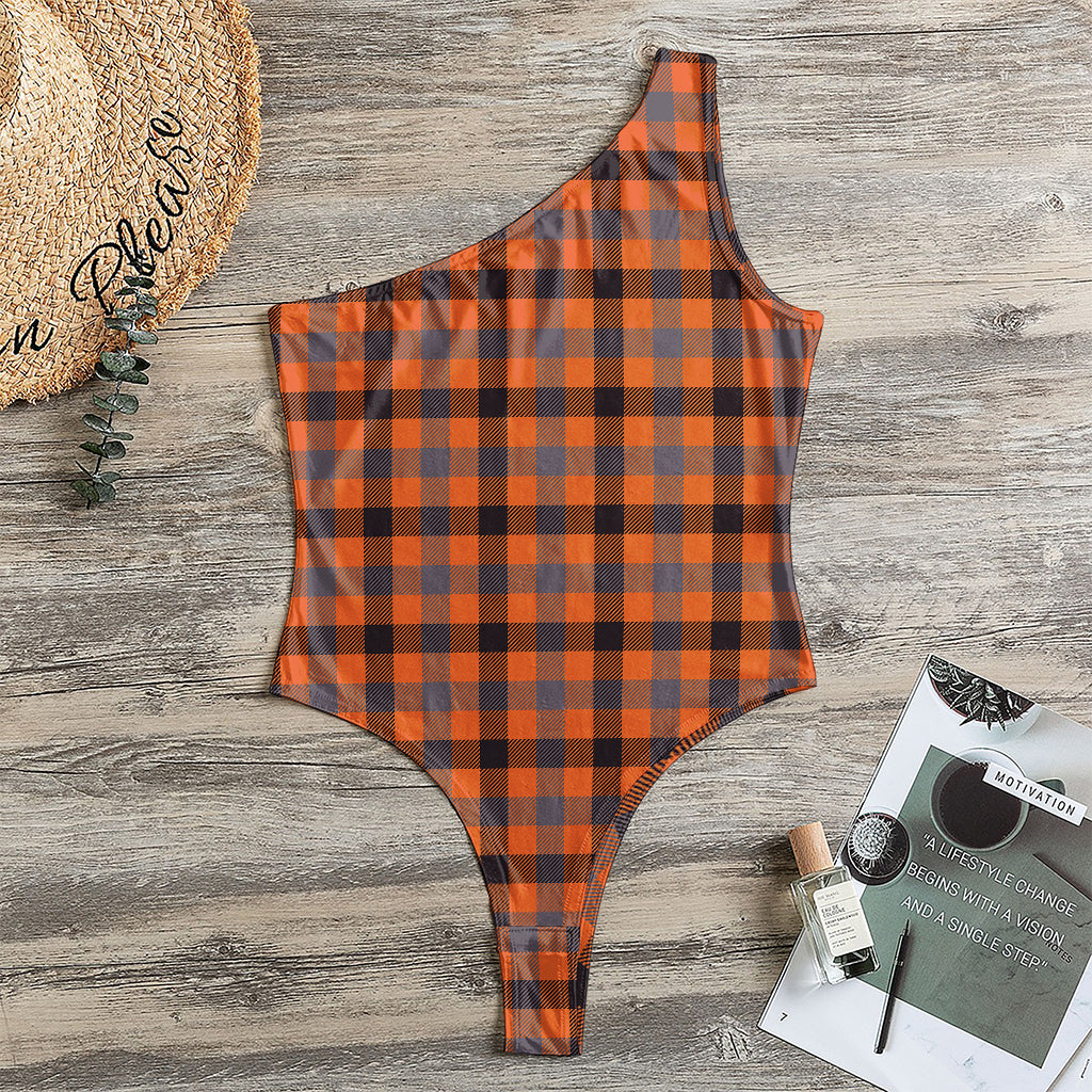Orange Black And Grey Plaid Print One Shoulder Bodysuit