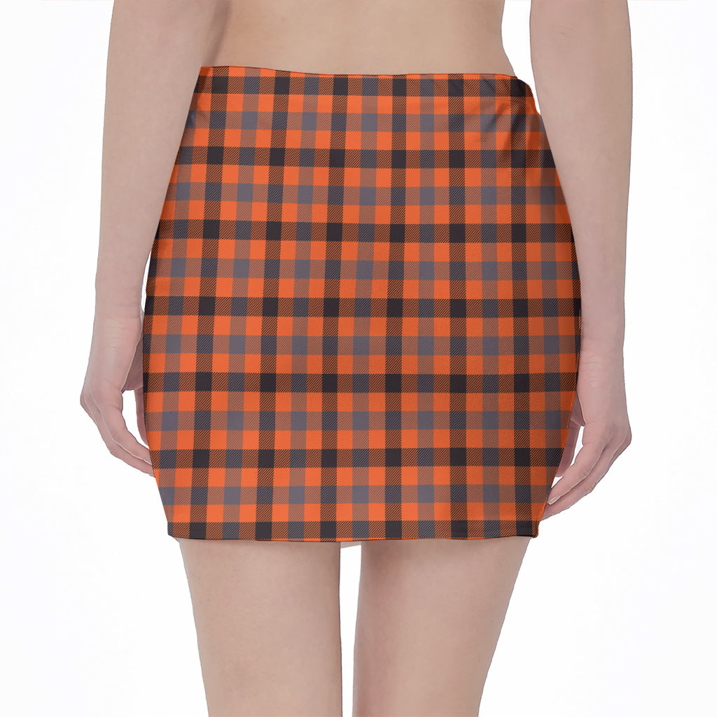 Orange Black And Grey Plaid Print Pencil Mini Skirt