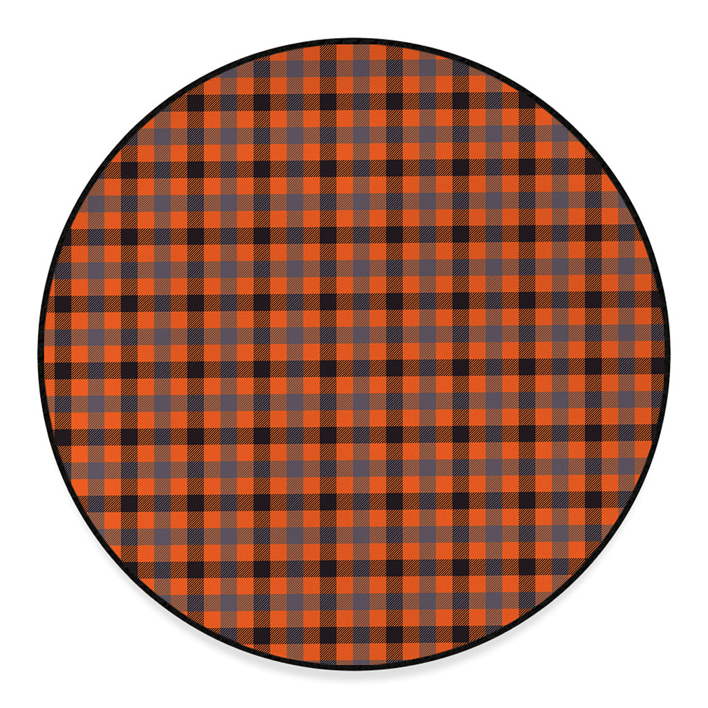 Orange Black And Grey Plaid Print Round Floor Mat