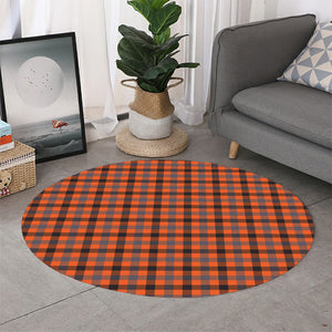 Orange Black And Grey Plaid Print Round Rug