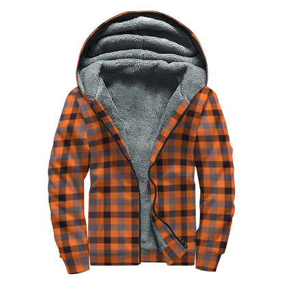 Orange Black And Grey Plaid Print Sherpa Lined Zip Up Hoodie