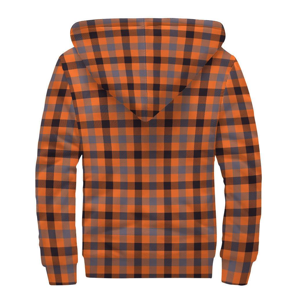 Orange Black And Grey Plaid Print Sherpa Lined Zip Up Hoodie