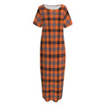 Orange Black And Grey Plaid Print Short Sleeve Long Nightdress