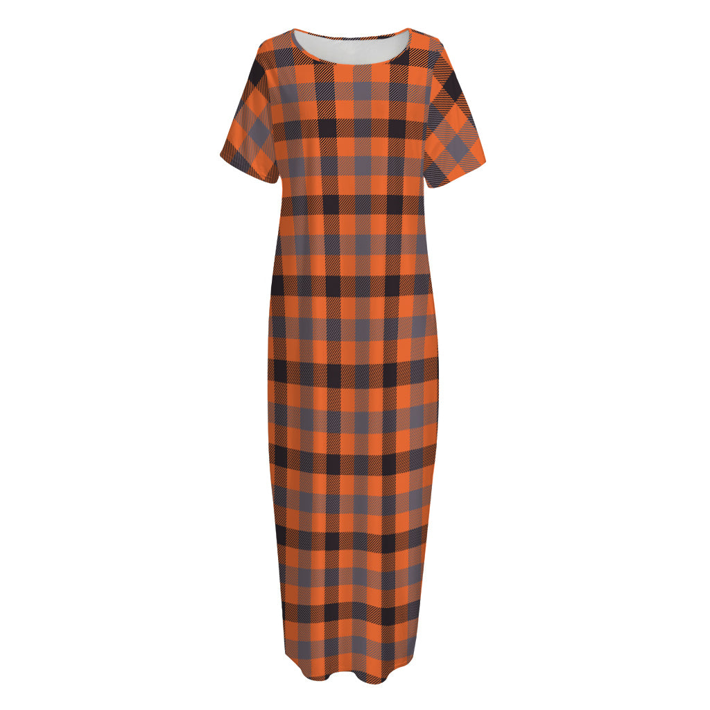 Orange Black And Grey Plaid Print Short Sleeve Long Nightdress