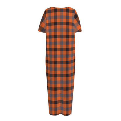 Orange Black And Grey Plaid Print Short Sleeve Long Nightdress