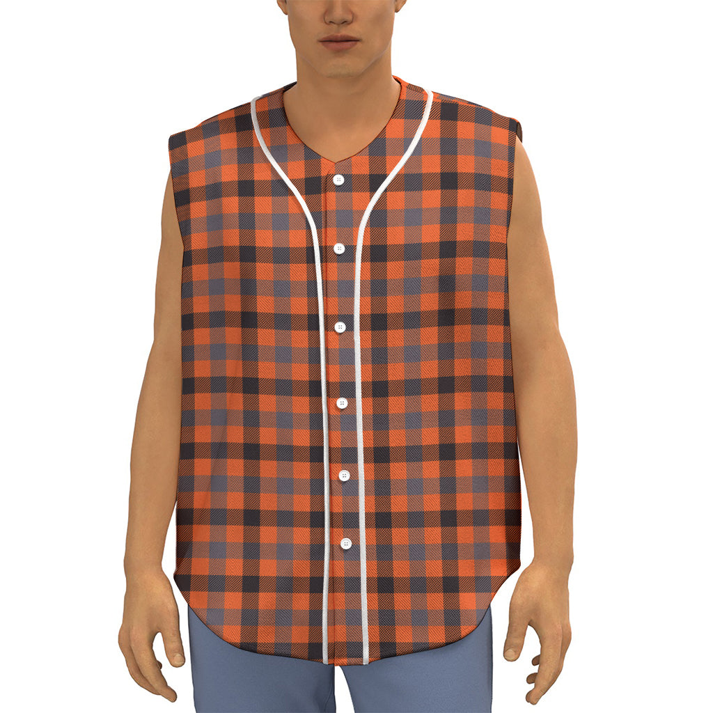 Orange Black And Grey Plaid Print Sleeveless Baseball Jersey