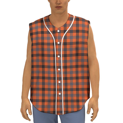 Orange Black And Grey Plaid Print Sleeveless Baseball Jersey