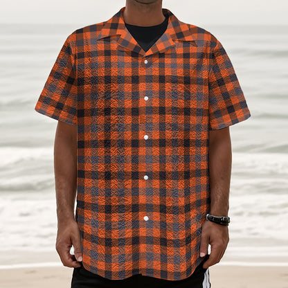 Orange Black And Grey Plaid Print Textured Short Sleeve Shirt