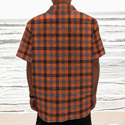 Orange Black And Grey Plaid Print Textured Short Sleeve Shirt