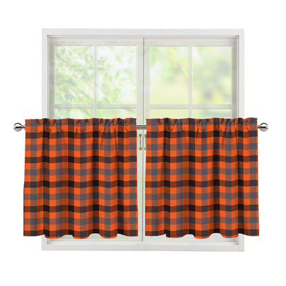 Orange Black And Grey Plaid Print Tier Curtains