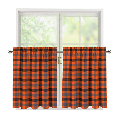 Orange Black And Grey Plaid Print Tier Curtains