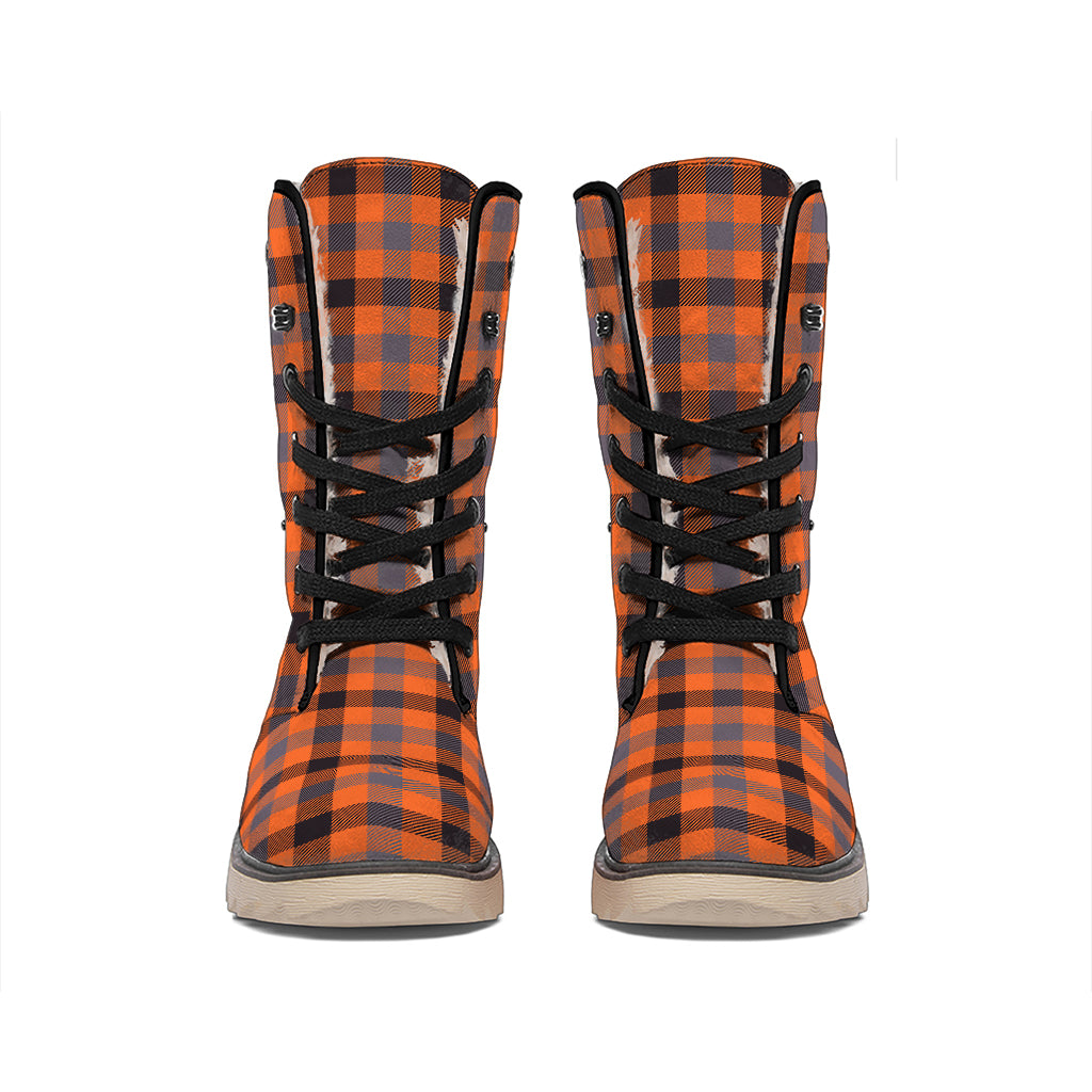 Orange Black And Grey Plaid Print Winter Boots